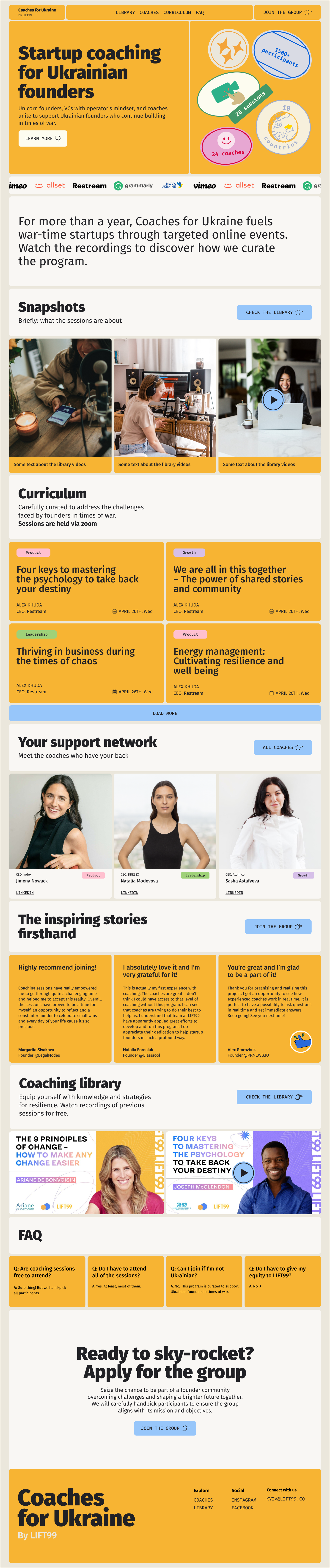 Redesign of 'Coaches for Ukraine' webpage with sections for info, sponsors, session snapshots, curriculum, coach profiles, testimonials, coaching library, FAQs, and an application call-to-action. Vibrant layout with bright color.