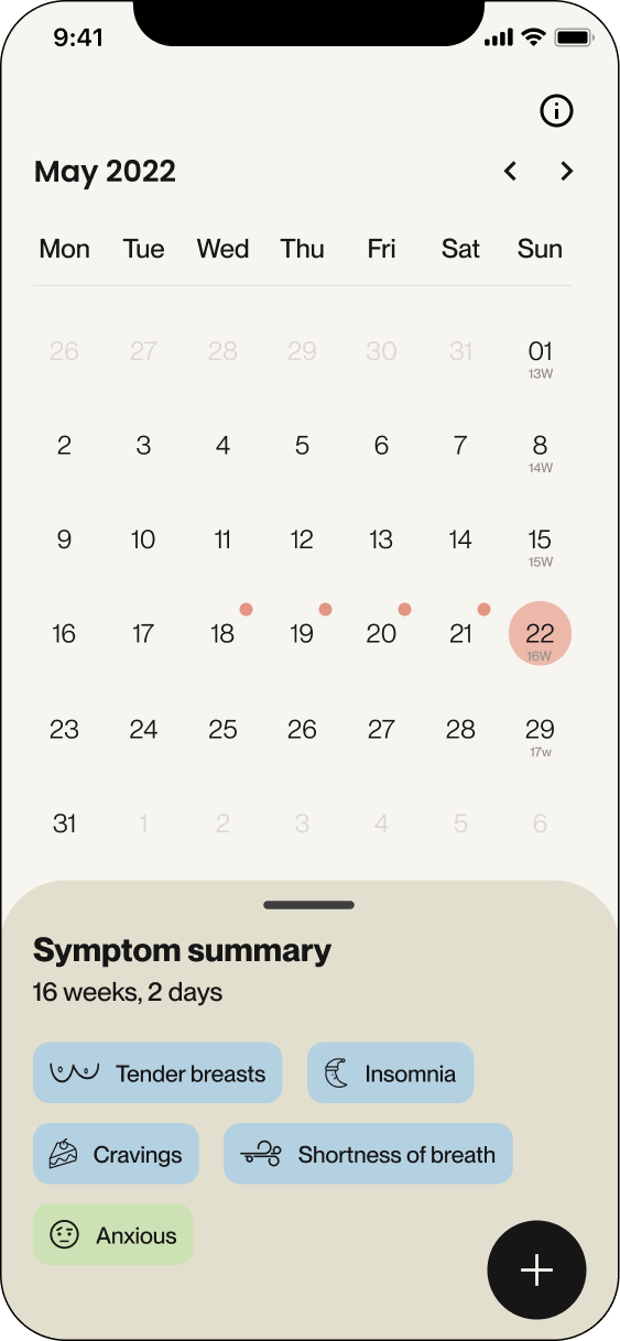 Calendar screen showing a monthly view with marked dates and symptom summary, including frequent symptoms and navigation menu.