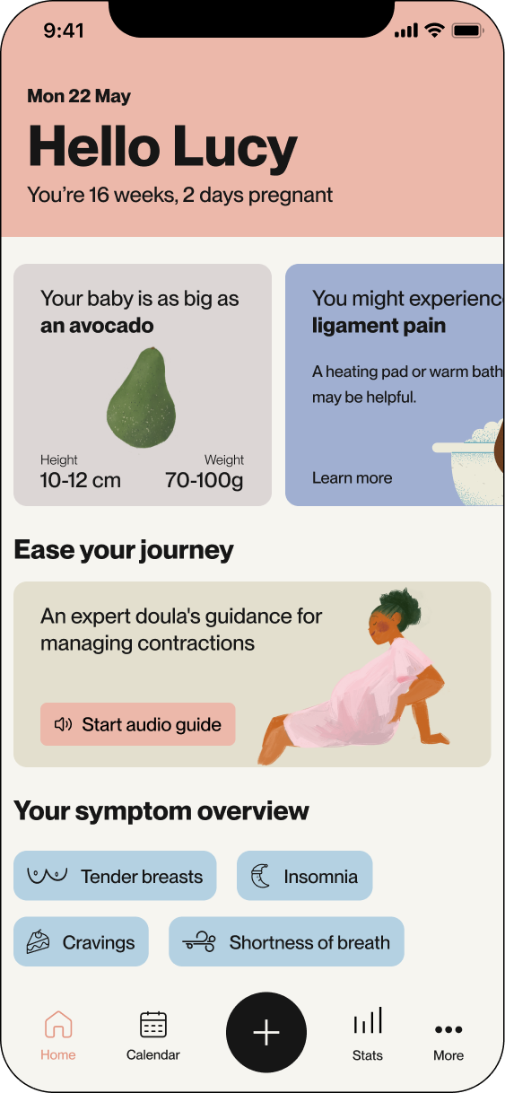 Main screen showing pregnancy progress, baby size comparison, audio guide for managing contractions, and symptom overview with navigation menu.