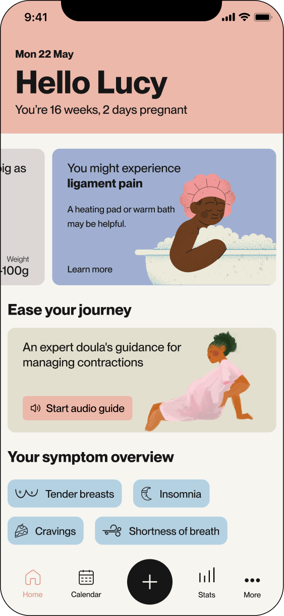Main screen showing pregnancy progress, possible symptoms, audio guide for managing contractions, and symptom overview with navigation menu.