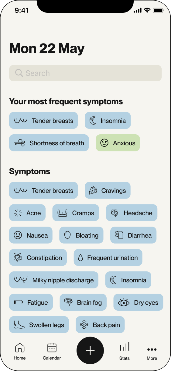ymptom logging screen showing most frequent symptoms and a list of various symptoms with navigation menu.