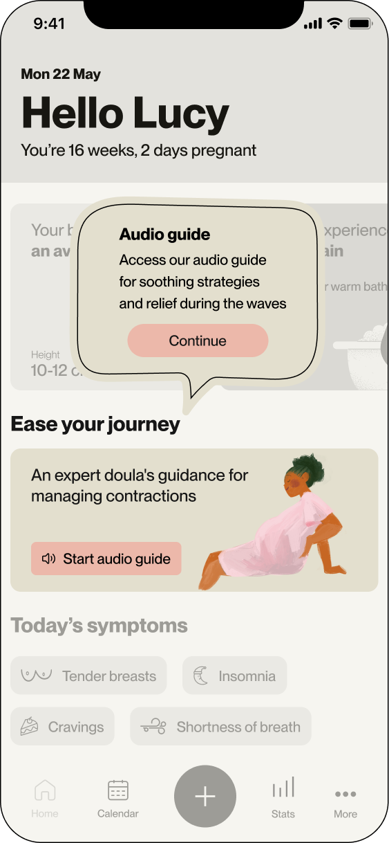 Main screen with tutorial for the audio guide, pregnancy progress, baby size comparison, symptom overview, and navigation menu.