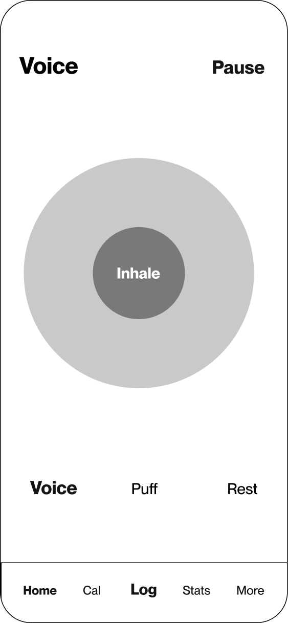 Audio guidance screen with voice commands for breathing exercises, central 'Inhale' indicator, and navigation.