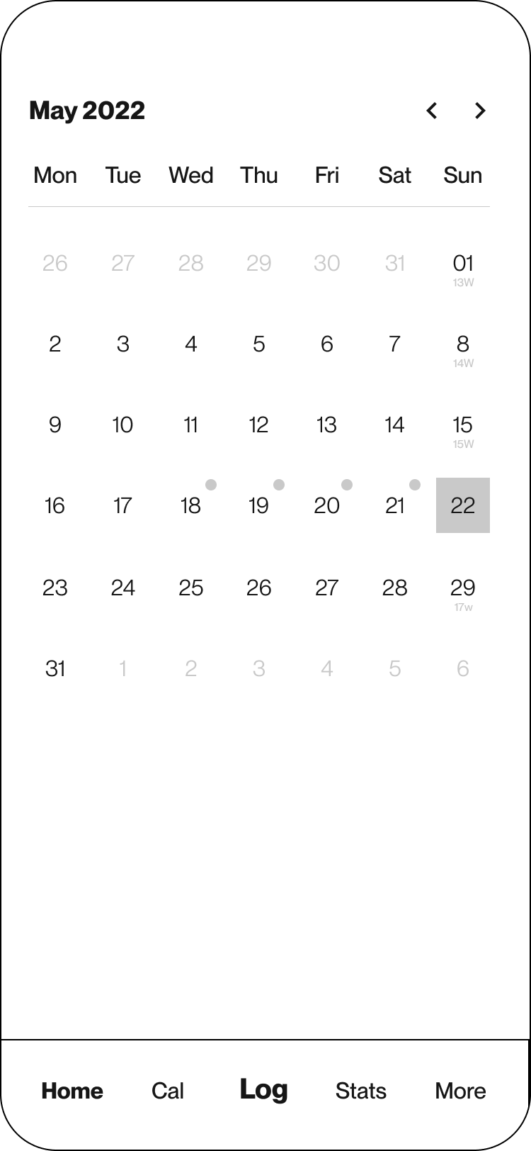 Calendar screen with monthly view, navigation arrows, highlighted date, and navigation menu.