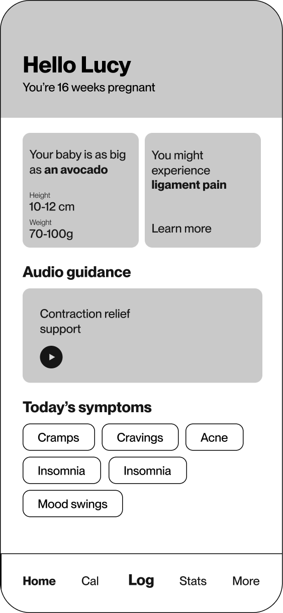 Main screen of the Doula app showing pregnancy progress, audio guidance section, symptoms, and navigation menu.