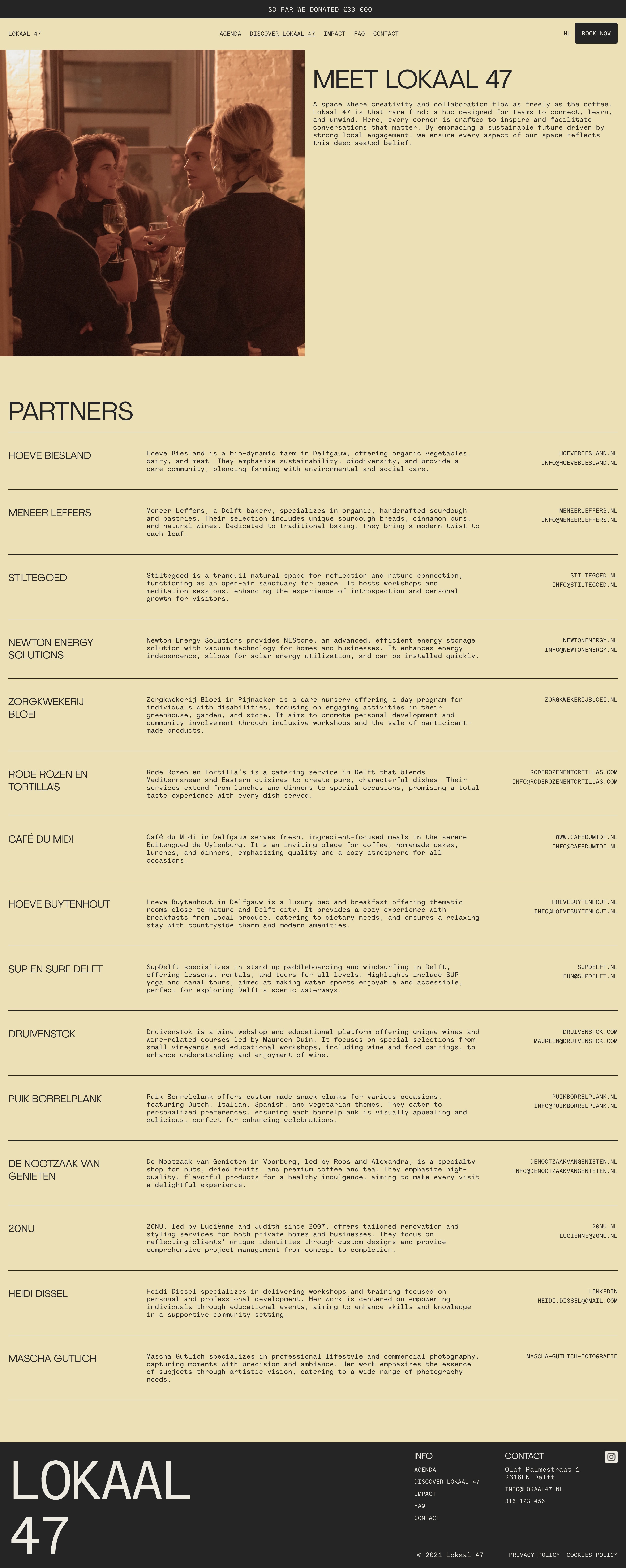 About page. Section with title 'Meet Lokaal 47' and description. 'Partners' section lists partners with descriptions and contact info. Footer.