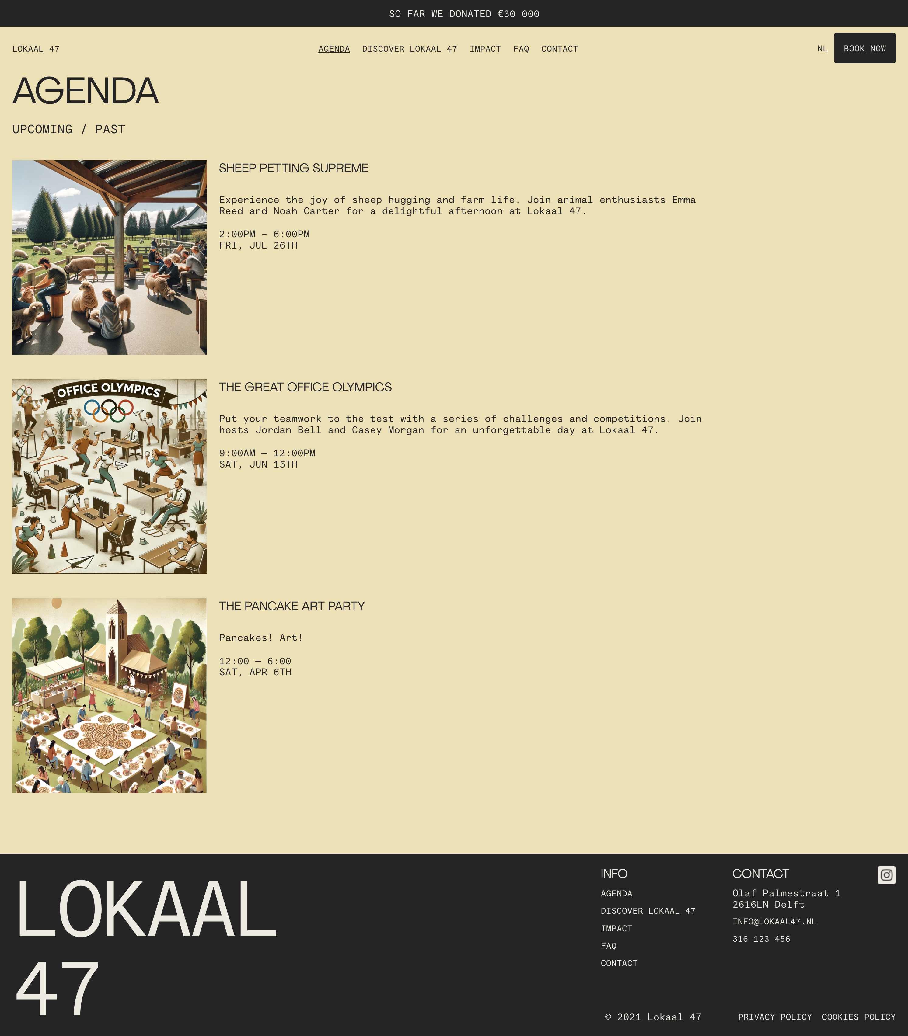 Agenda page. The page lists events with dates, times, and brief descriptions. Footer.
