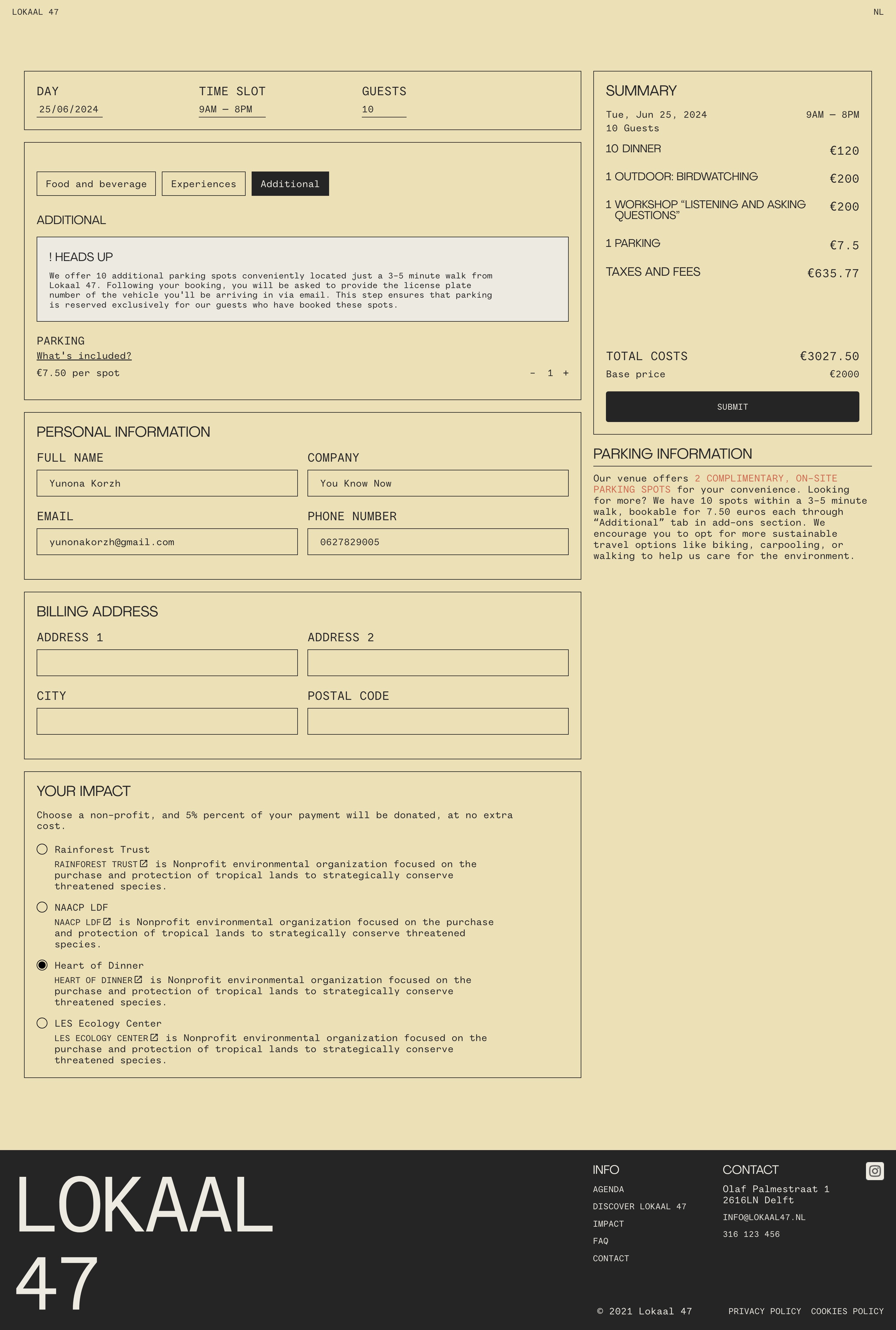 Booking page. Includes sections for selecting date, time, and number of guests. Tabs for additional services, a summary of costs, personal information and billing address fields, impact donation options. Parking information is also provided. Footer