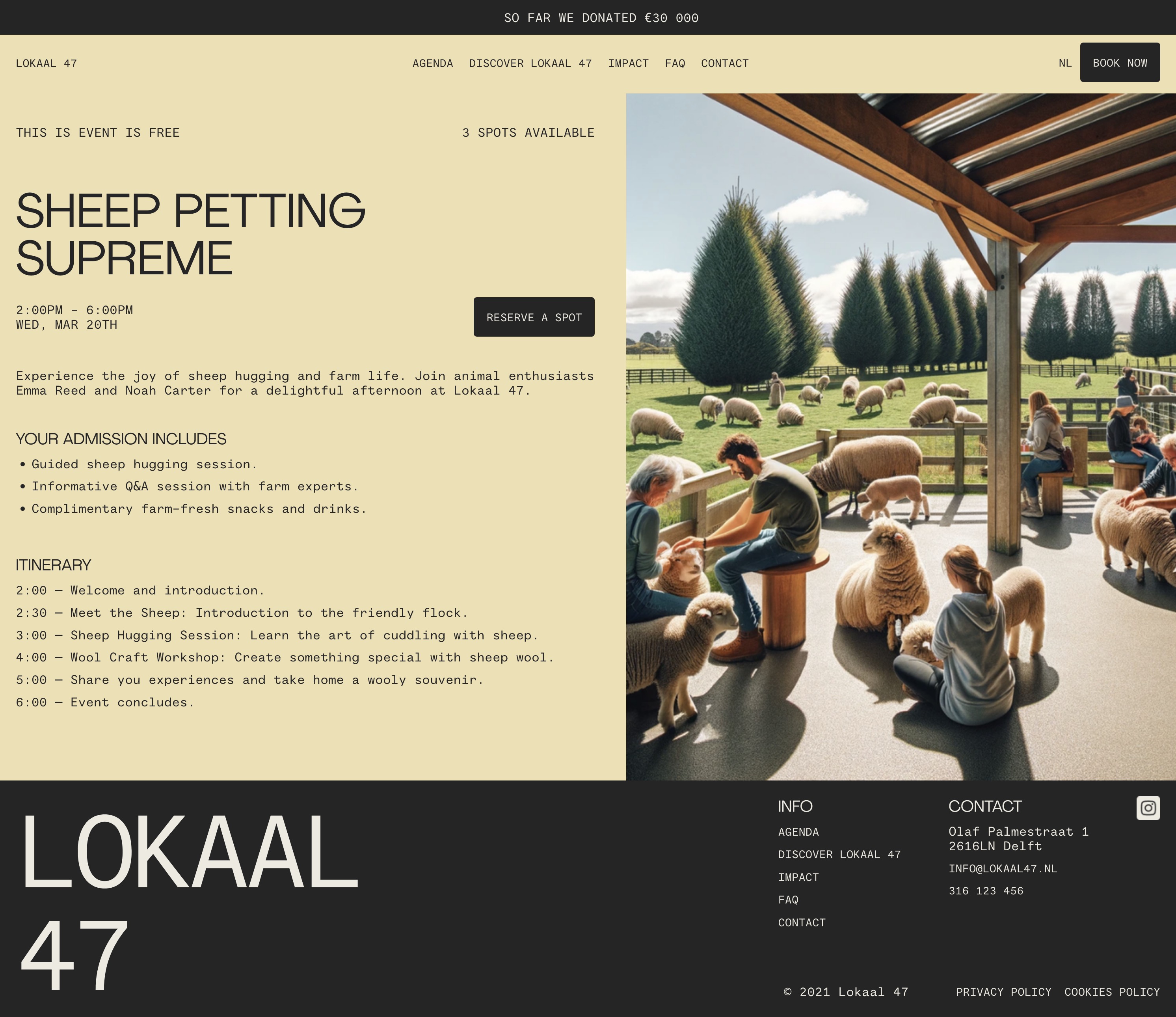 Event page. The page details a Sheep Petting Supreme event, including the date, time, admission benefits, and itinerary. Footer.