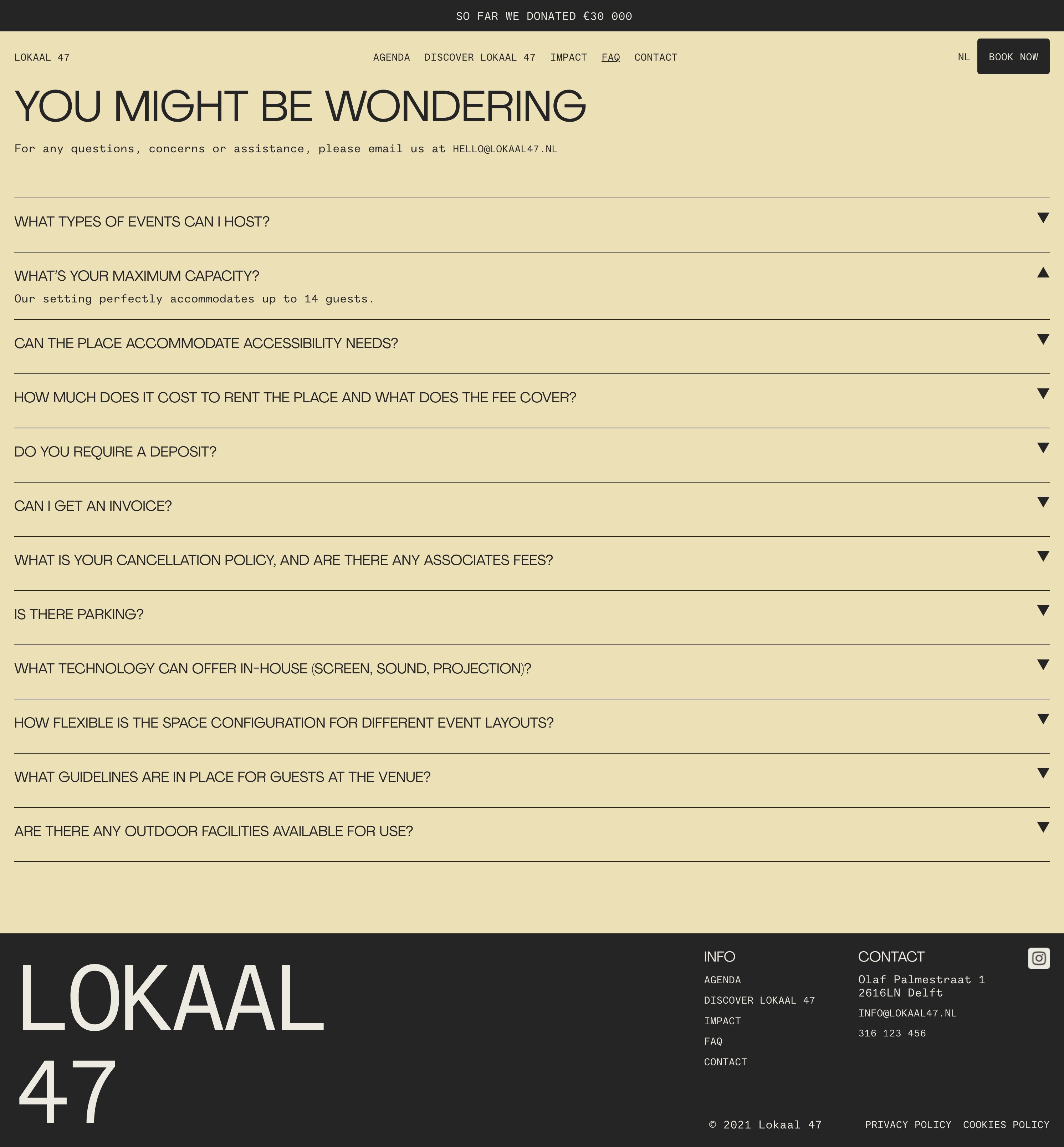 FAQ page. The page includes a contact email, and an expandable list format for frequently asked questions detailed answers. Footer.