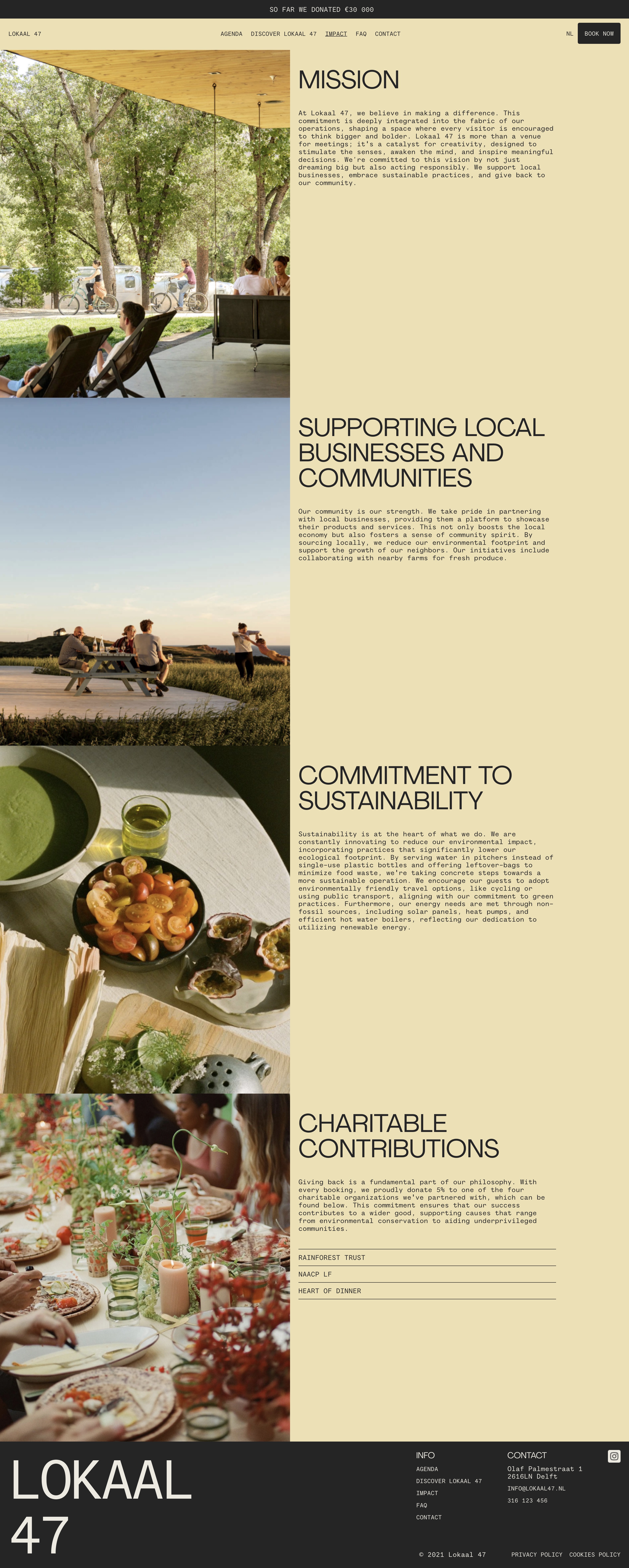 Impact page. Sections include Mission, Supporting Local Businesses and Communities, Commitment to Sustainability, and Charitable Contributions. Footer.