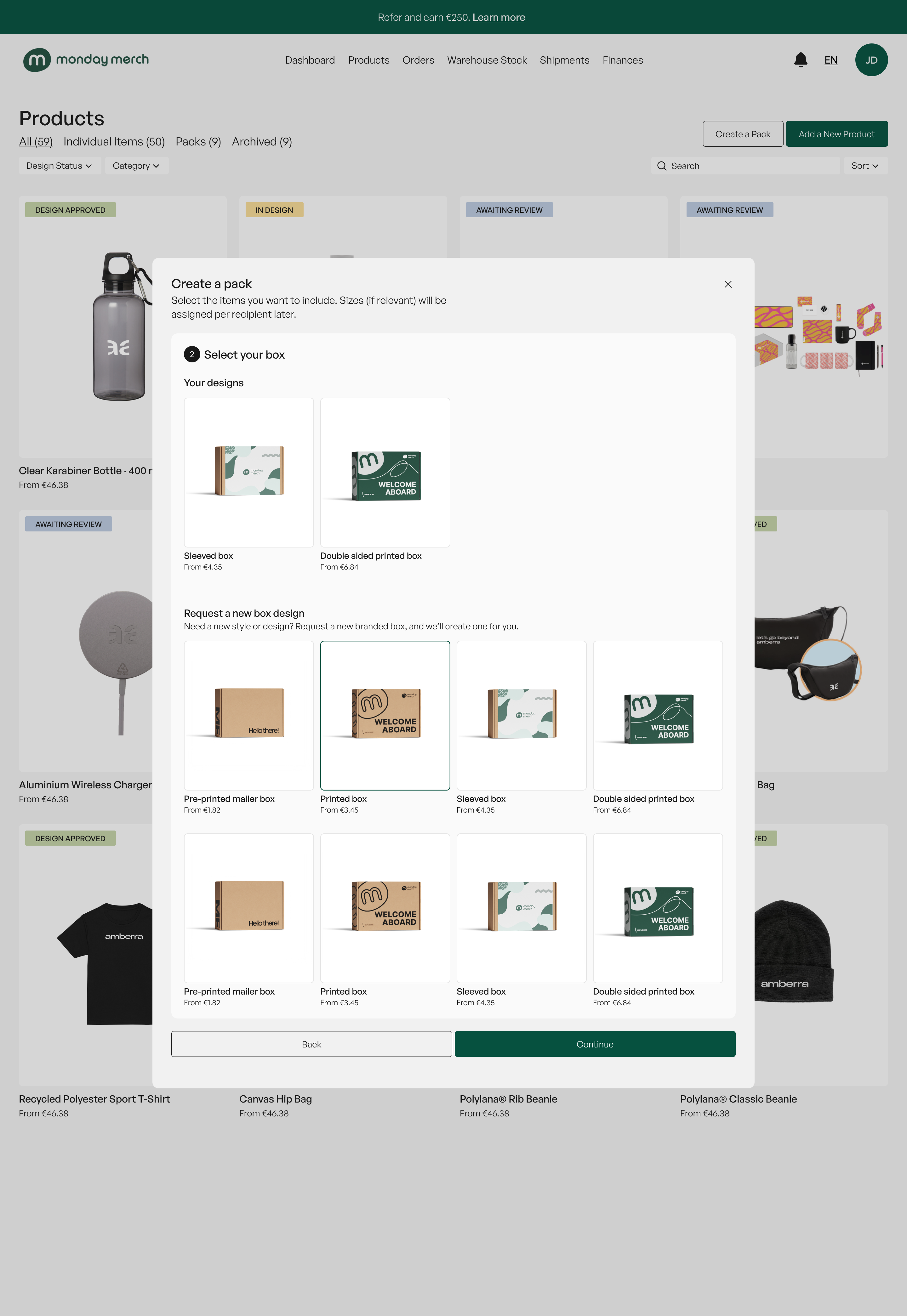 Step 2 ofMerch pack creation flow: choosing a box.