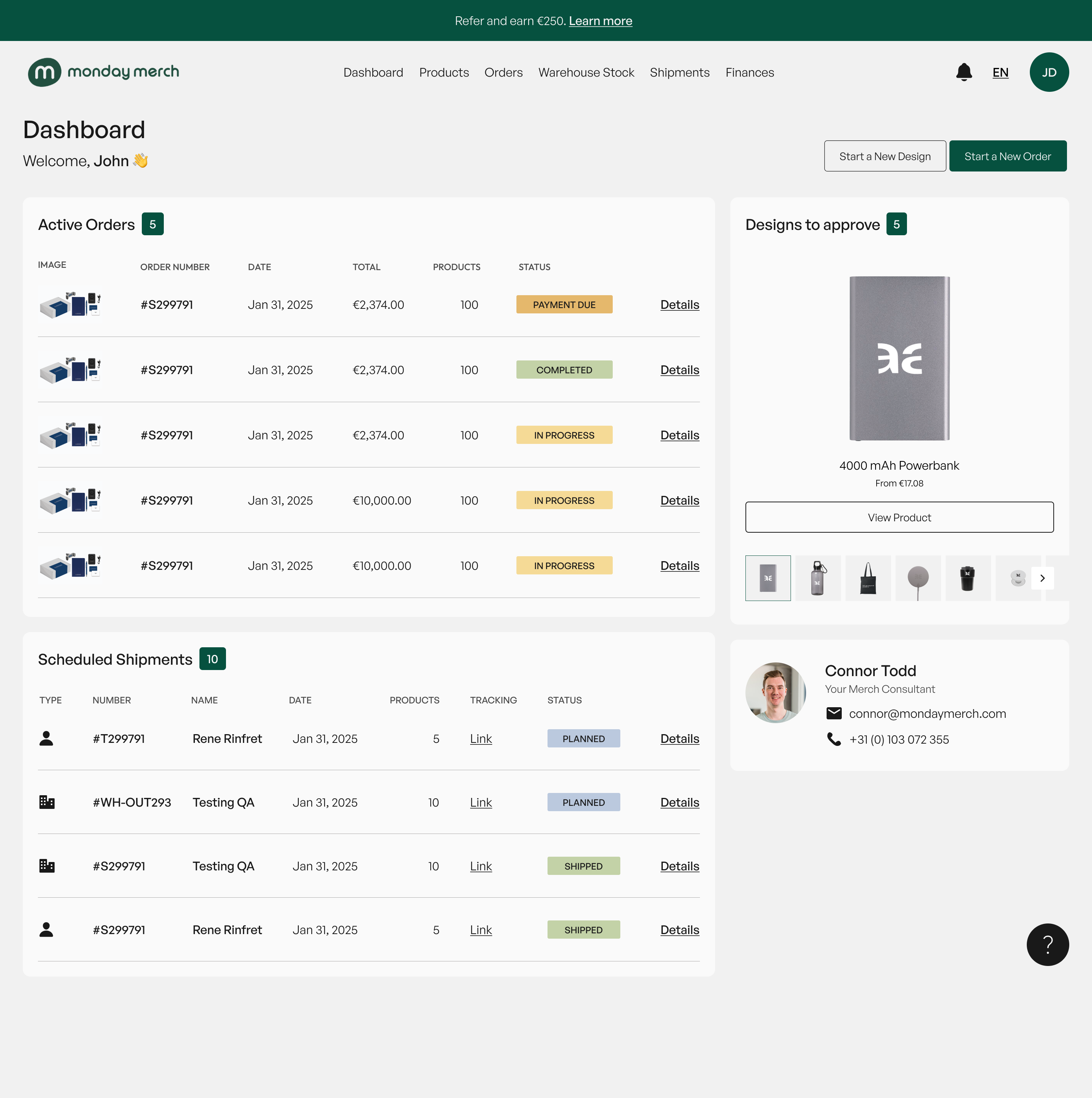 Monday Merch platform dashboard displaying current orders, shipments, and product designs.