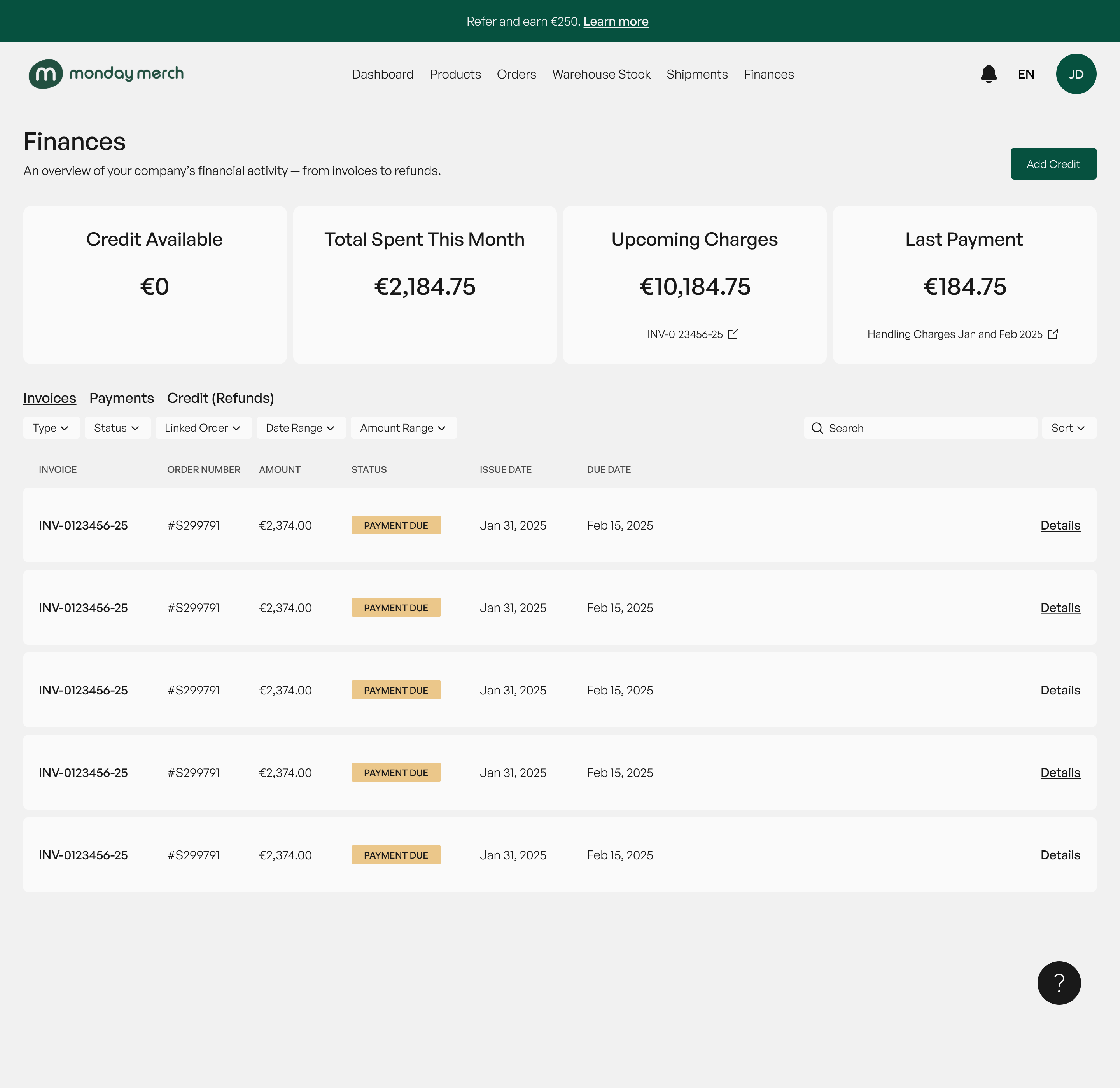 Finances page with sections for invoices, payments, credit balance, and refunds with payment options.