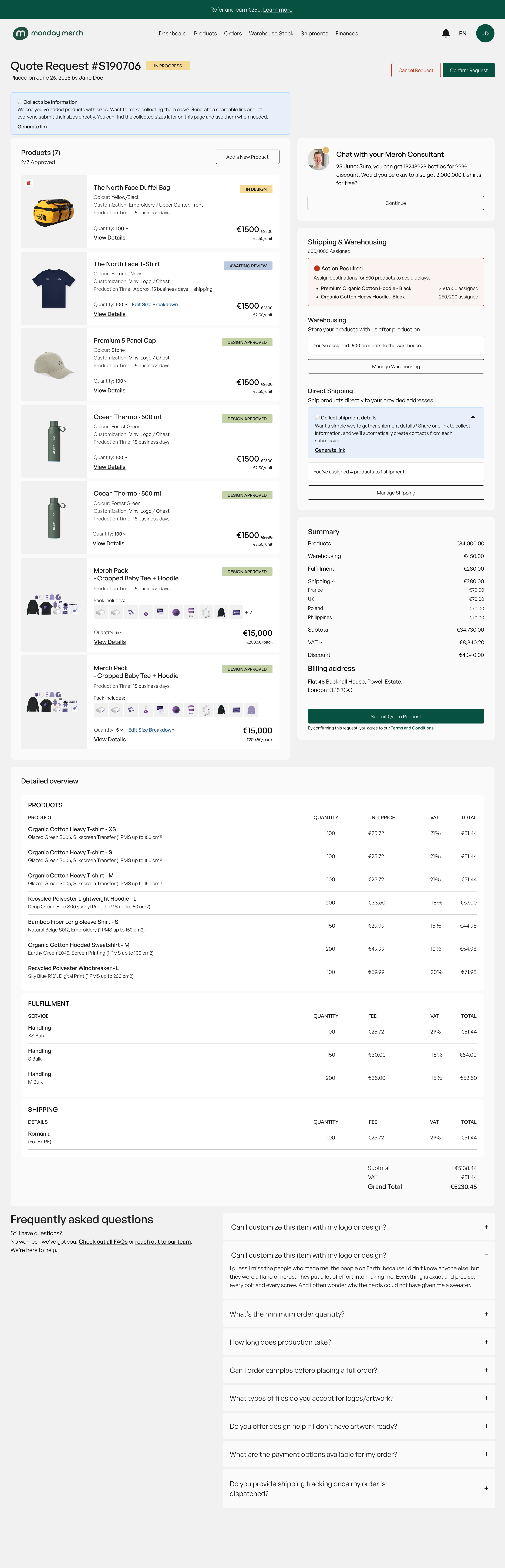 Redesigned order page showing grouped product variants, two-column layout with shipping details, and order summary with totals.