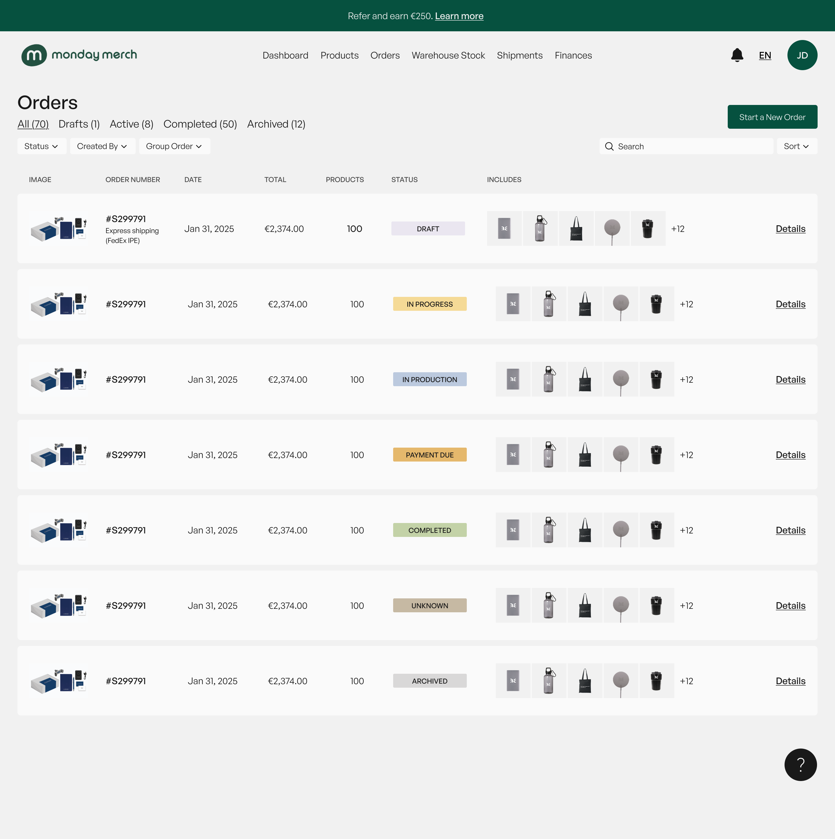 Orders overview page displaying all of the orders.