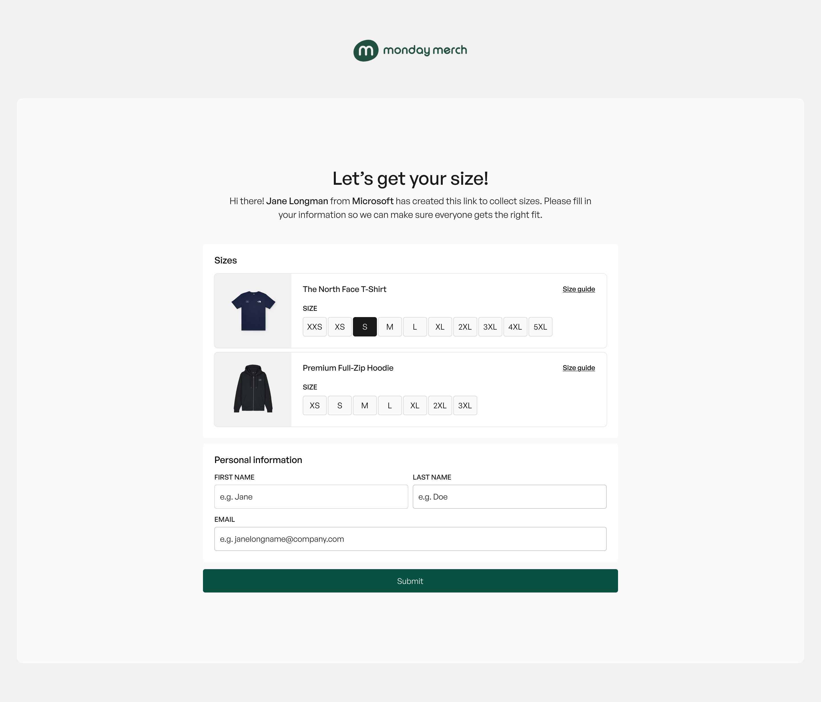 Size collection page.