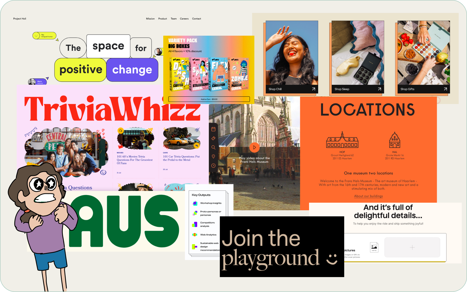 A screen displaying a collage of various design projects. An illustration of a character in the bottom left corner.