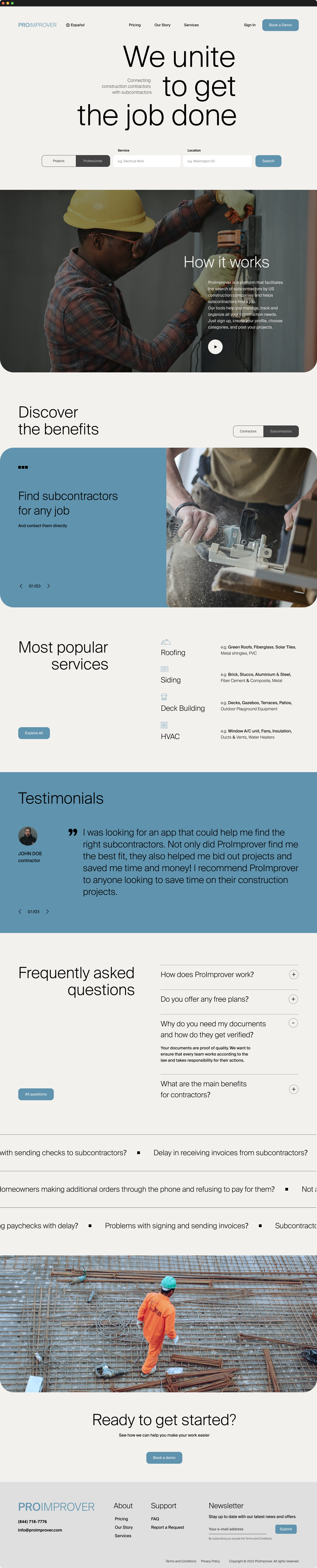 Final design prototype of the ProImprover website displaying the complete homepage layout including the main navigation, header, how it works section, benefits section, featured services section, testimonials, faq and footer.