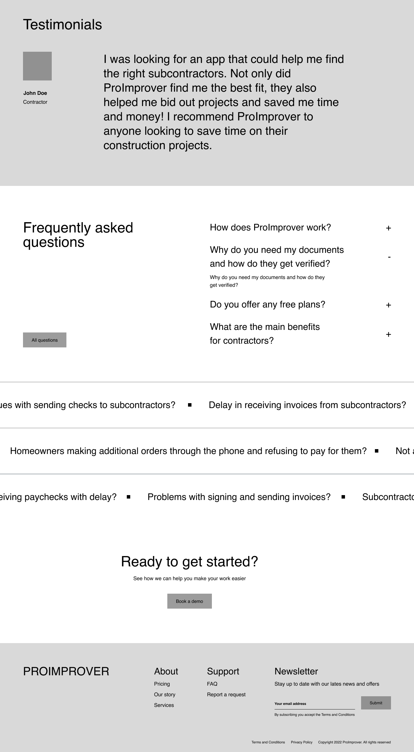 Bottom part of ProImprover main page. 'Testimonials' section with a quote. 'Frequently asked questions' section. 'Call-to-action with 'Book a demo' button. Footer with links and newsletter subscription form.